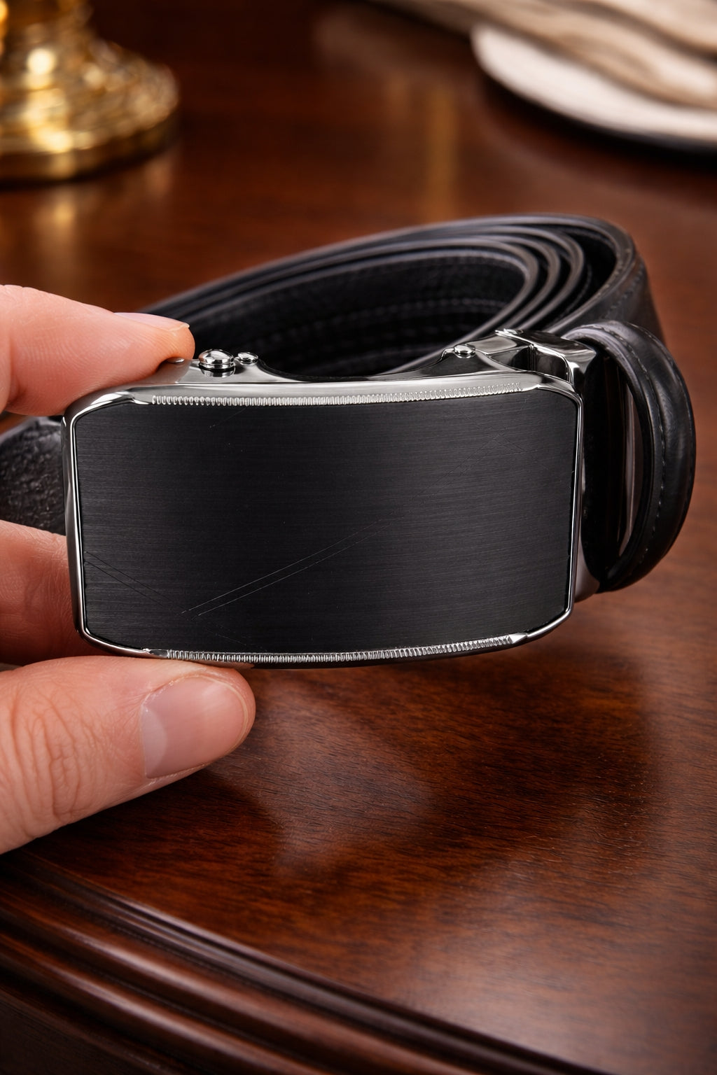 Cinturón Negro Eco Cuero y Automático |  Elegancia (Cod CM)